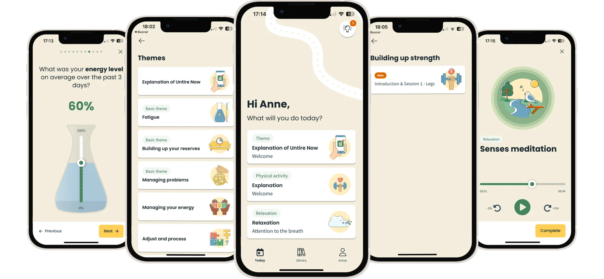 Five screenshots of the Untire app