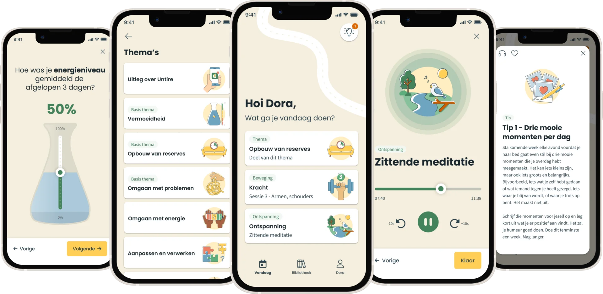 Vijf schermafbeeldingen van de Untire Now app